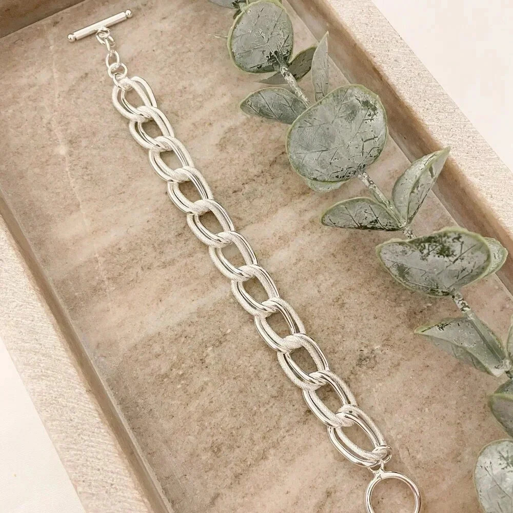 925 Sterling Silver Chunky Chain Link Toggle Bracelet Silver Statement Bracelet - Picture 5 of 8